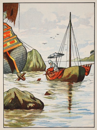 Robinson Crusoe redt een hond van een Spaans scheepswrak, illustratie uit Het verhaal van Robinson Crusoe: Een bewerking voor kinderen volgens Defoes taal, uitgegeven door Griffith Farran Browne & Co. Limited, Londen door English School