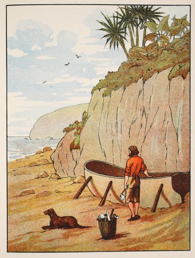 Robinson Crusoes kano, illustratie uit Het verhaal van Robinson Crusoe: Een bewerking voor kinderen volgens Defoes taal, uitgegeven door Griffith Farran Browne & Co. Limited, Londen door English School