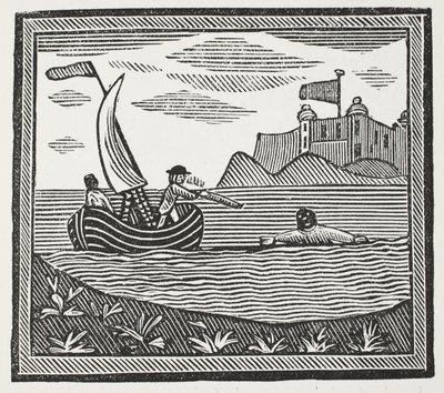 Robinson en Xury ontsnappen aan de Moren, illustratie uit Chap-books van de achttiende eeuw door John Ashton, uitgegeven 1882 door English School