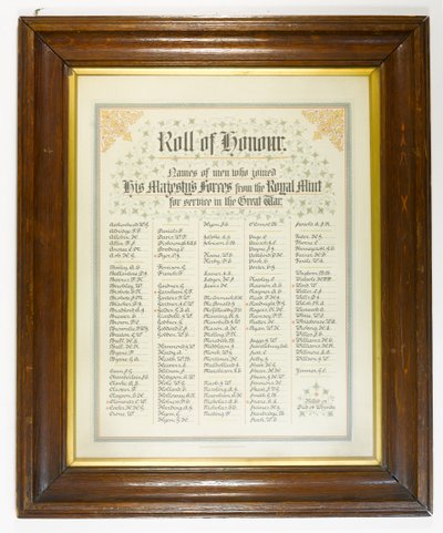 Erelijst, mannen van de Koninklijke Munt die zich bij de strijdkrachten voegden tijdens de Eerste Wereldoorlog, ca. 1918 door English School