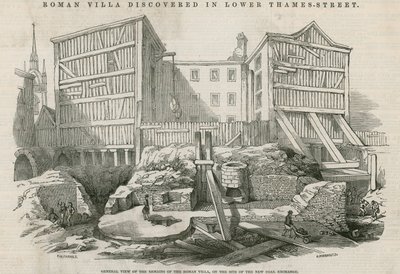 Romeinse villa ontdekt in Lower Thames Street, Londen: Algemeen overzicht van de overblijfselen van de Romeinse villa op de locatie van de nieuwe Coal Exchange door English School