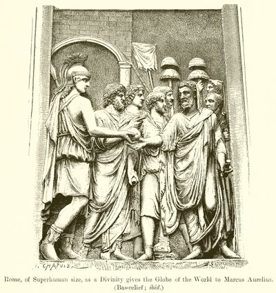 Rome, van bovenmenselijke grootte, als een godheid geeft de wereldbol aan Marcus Aurelius. (Bas-reliëf; ibid) door English School