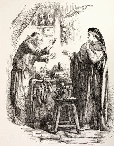 Romeo koopt gif van de apotheker, illustratie uit Romeo en Julia, uit 