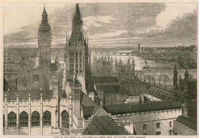 Daken van de Houses of Parliament gezien vanaf de Victoria toren door English School