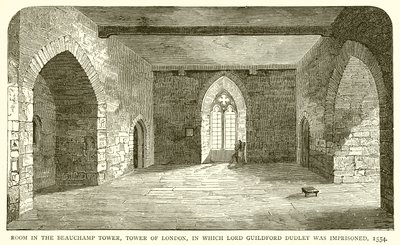 Kamer in de Beauchamp Tower, Tower of London, waar Lord Guildford Dudley gevangen zat, 1554 door English School