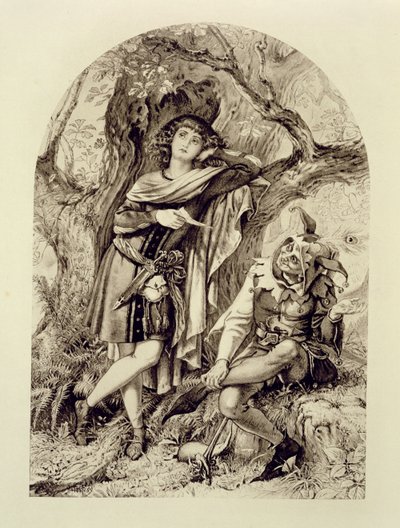 Rosalind en Touchstone, Act III Scene 2, in Zoals je het leuk vindt, door William Shakespeare door English School