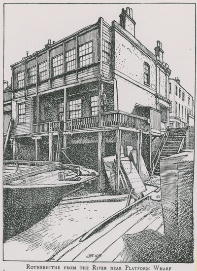 Rotherhithe vanaf de rivier de Theems bij Platform Wharf; The Angel door English School