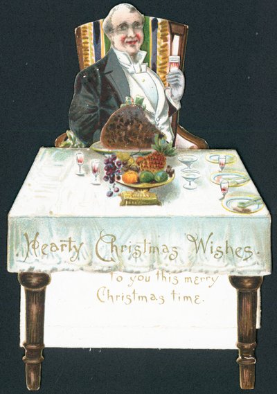 Dikke man aan tafel, kerstkaart door English School