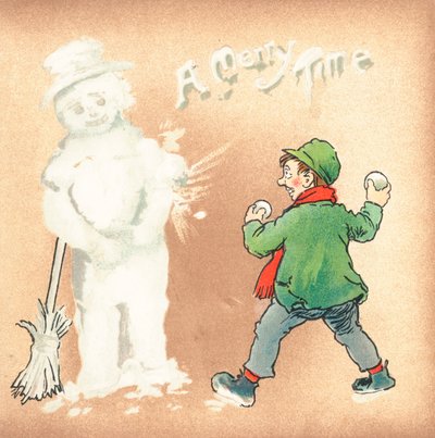 Ruwe jongen die sneeuwballen gooit naar sneeuwpop, kerstkaart door English School
