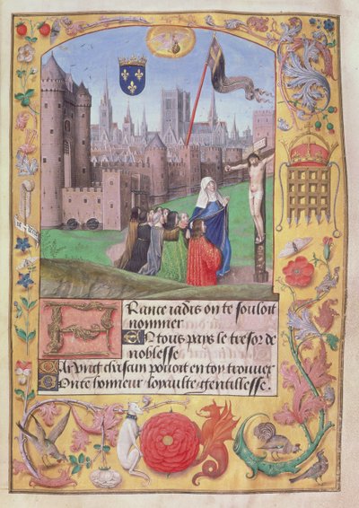 Notre Dame, Parijs met de wapens verenigd, de Maagd beschermt negen figuren die knielen voor de Kruisiging, uit Gedichten van Karel, Hertog van Orléans, c.1500 door English School
