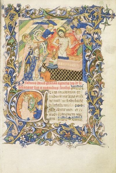 Gekroonde figuur ondersteund door grijs bebaarde heilige knielend voor een afbeelding van Pity, uit de Psalter van Humphrey Hertog van Gloucester, c.1420-30 door English School