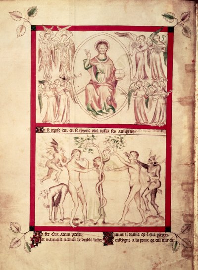 God in een mandorla omringd door muzikale engelen, Verleiding van Eva, uit de Queen Mary Psalter, c.1310-20 door English School