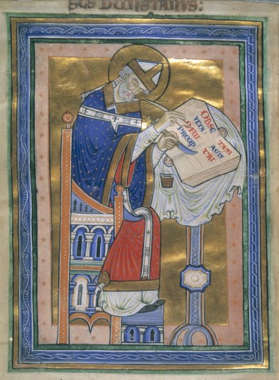 Royal 10 A. XIII, f.2v Dunstan schrijft Benedictijnse Regel, illustratie uit 