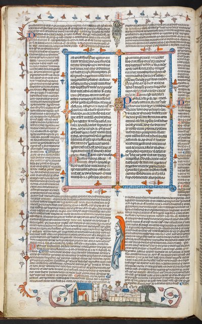 Royal 10 E. IV, f.250v Tekst met randdecoratie en een koning die dineert, illustratie uit de 