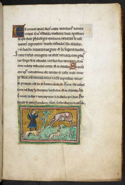 Royal 12 F.XIII, f.14 Een wolf (?) met bloed uit zijn mond, en een jager met honden, uit het Rochester Bestiarium, 2e kwart van de 13e eeuw door English School