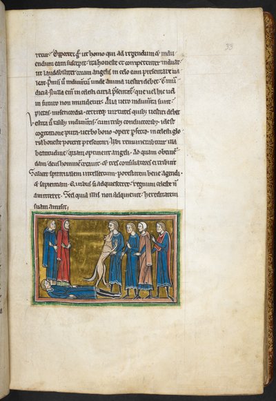 Royal 12 F.XIII, f.33 Hond die een moordenaar identificeert, uit Bestiarium (ff. 3-141), Lapidarium (ff. 141v-149), 2e kwart van de 13e eeuw door English School