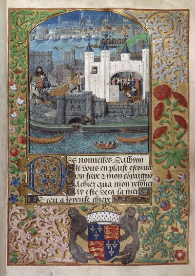 De Tower of London, met London Bridge op de achtergrond. Charles, hertog van Orléans, schrijvend, staand bij een raam en een brief versturend op de binnenplaats door English School