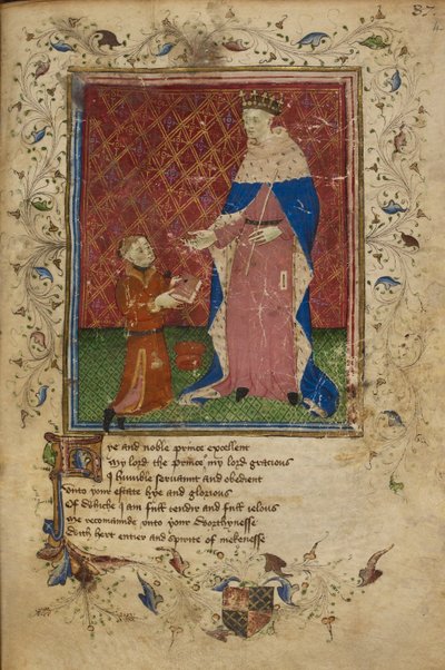 Thomas Hoccleve knielt in de daad van het aanbieden van zijn boek aan Koning Hendrik V (illustratie uit 