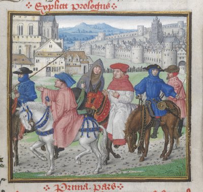 Einde van Proloog. John Lydgate en de Canterbury pelgrims verlaten Canterbury, illustratie uit 