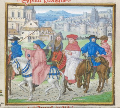 Lydgate en de Canterbury Pelgrims verlaten Canterbury, uit de 