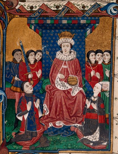 Royal 18 D. II fol.6, Koning Edward IV omringd door hovelingen met Sir William Herbert en zijn vrouw, Anne Devereux, gekleed in kleding versierd met hun wapenschilden, knielend voor hem (boek 1) door English School