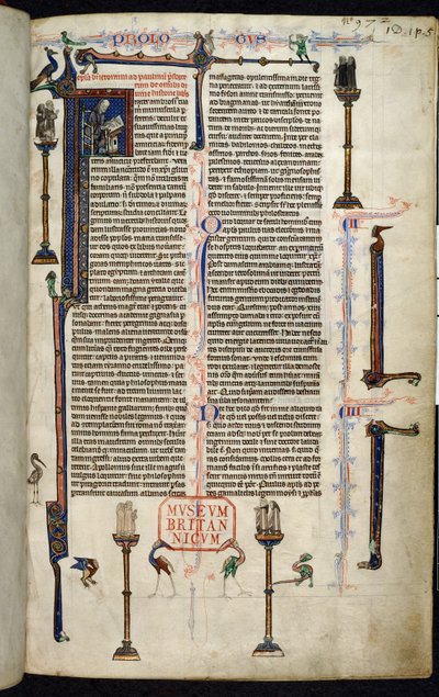Royal 1 D I, f.1r, Jerome, monniken op zuilen, uit de Bijbel van William van Devon (perkament) door English School