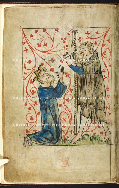 Koning Athelstan knielt voor Guy van Warwick, verkleed als een pelgrim, illustratie uit de 
