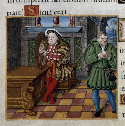 Henry VIII met een harp en zijn nar, William Somers, Psalm 52, uit de 