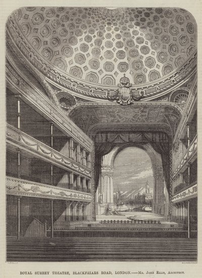 Royal Surrey Theatre, Blackfriars Road, Londen, Mr John Ellis, Architect (gravure) door English School