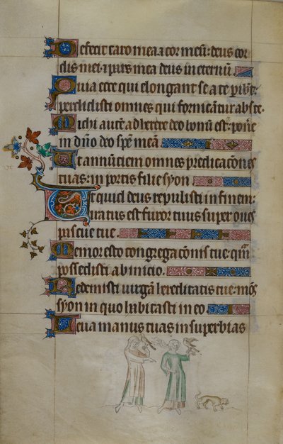 Royal ms 2_B VII f.177v Bas-de-page scène van twee vrouwen die valken dragen, en een kleine hond voor hen, met een bewoonde initiaal, illustratie uit de 