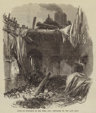 Ruïnes van Gebouwen in Old Ford, Bow, verwoest door de recente Storm (gravure) door English School