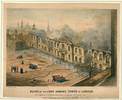Ruïnes van de Lange Wapenzaal, Brand in de Tower of London, 1841 door English School