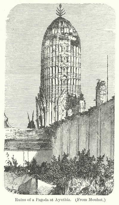 Ruïnes van een pagode in Ayuthia (gravure) door English School
