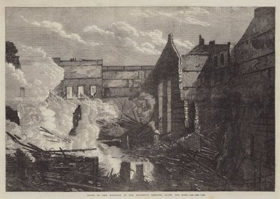Ruïnes van het interieur van het theater van Hare Majesteit na de brand (gravure) door English School