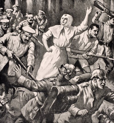 Russische verpleegster Mira Miksailovitch Ivanoff leidt mannen tegen de Duitsers, 1915, uit 