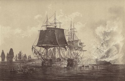 Russisch schip Vsevolod vernietigd in aanwezigheid van de Russische vloot na de actie met HMS Implacable, verbonden aan de Zweedse marine en onder bevel van kapitein Thomas Byam Martin, in de Oostzee, 26 augustus 1808 door English School
