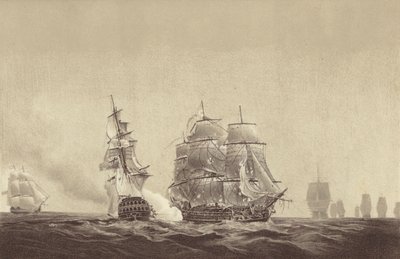Russisch schip Vsevolod strijkt haar kleuren voor HMS Implacable, verbonden aan de Zweedse marine en onder bevel van kapitein Thomas Byam Martin, in de Oostzee, 26 augustus 1808 door English School