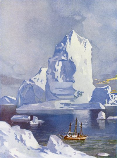 Zeilschip voor een gigantische ijsberg door English School