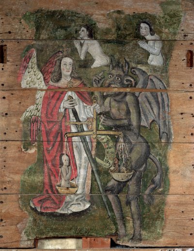 Sint-Michiel en de duivel, uit de Wenhaston Doom, ca. 1500-20 door English School