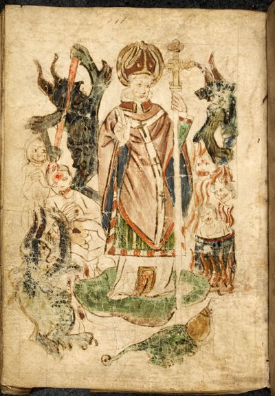 Saint Patrick, in bisschopskostuum, met een kruisbeeld en een zegenend gebaar, staat op het eiland Lough Derg, Donegal (Ierland), omringd door demonen en gekwelde zielen. Afbeelding uit ""Purgatorium van Saint Patrick"", Engels manuscript door English School