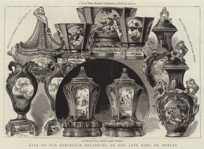 Verkoop van oud porselein behorend tot de wijlen graaf van Dudley (gravure) door English School