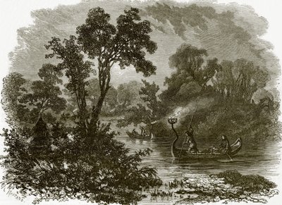 Salteaux Indianen vissen met vuur door English School