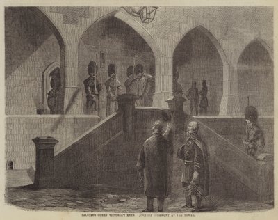 Het salueren van de sleutels van koningin Victoria, oude ceremonie in de toren (gravure) door English School