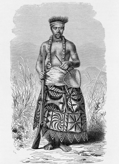 Samoaanse krijger in tapa kleding, uit 