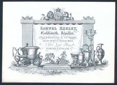 Samuel Keeley, goudsmid, juwelier, zilversmid & messenmaker, handelskaart door English School