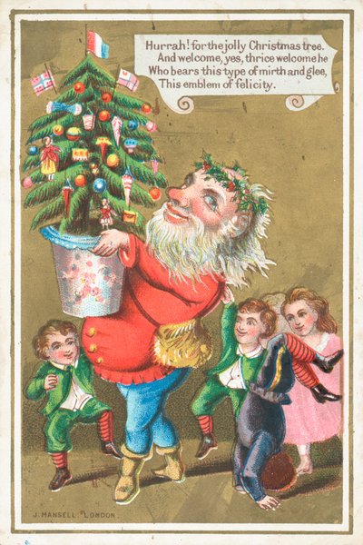 Kerstman draagt Kerstboom, Kerstkaart door English School