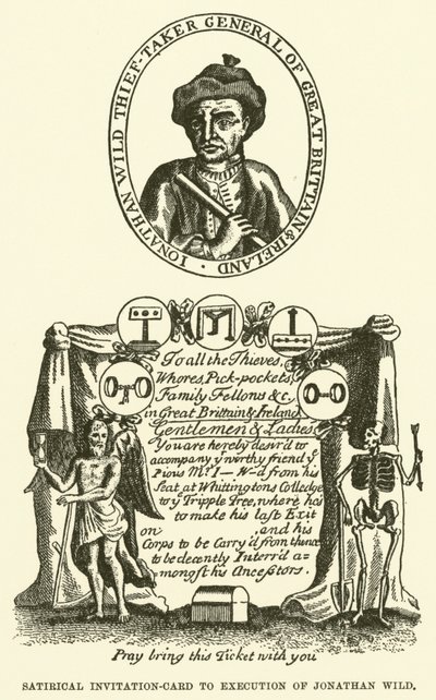 Satirische uitnodigingskaart voor de executie van Jonathan Wild (gravure) door English School