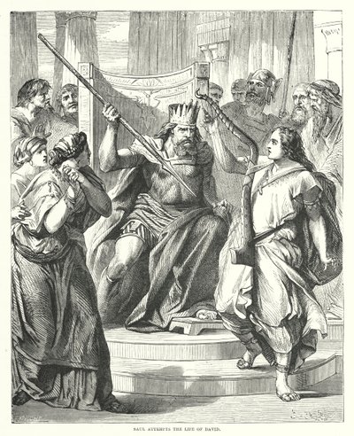 Saul probeert David te doden (gravure) door English School