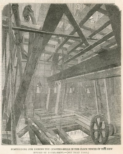 Steigers voor het ophijsen van de kwartklokken in de klokkentoren van de nieuwe Houses of Parliament door English School