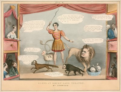 Scène uit Drury Lane Theatre, Londen; cartoon door English School
